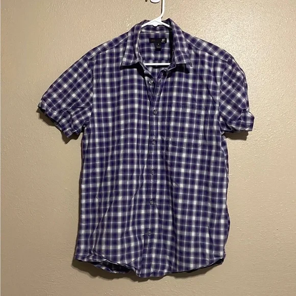 j ferrar short sleeve dress shirt J. Ferrar Purple White Plaid Short Sleeve Button Down Shirt Men’s M Slim Fit